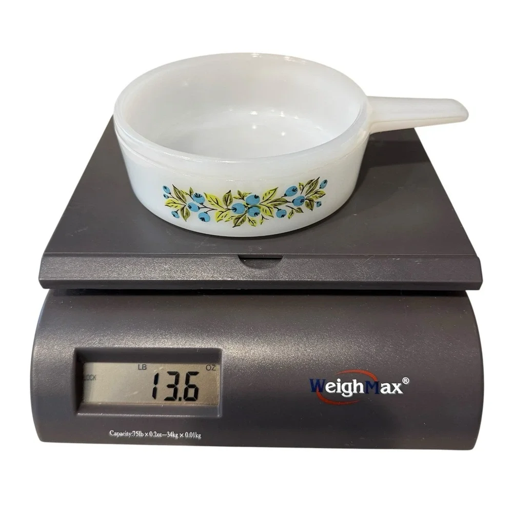 3 Jeannette Glasbake 14oz. Blueberry Pattern J-2639 Soup Bowl Handle Milk Glass